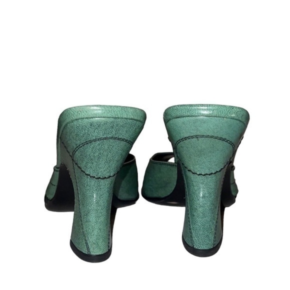 PRADA Vintage 2000s’ Green Leather Block Heel Peep Toe Sandals Mules 37.5 - Picture 6 of 9